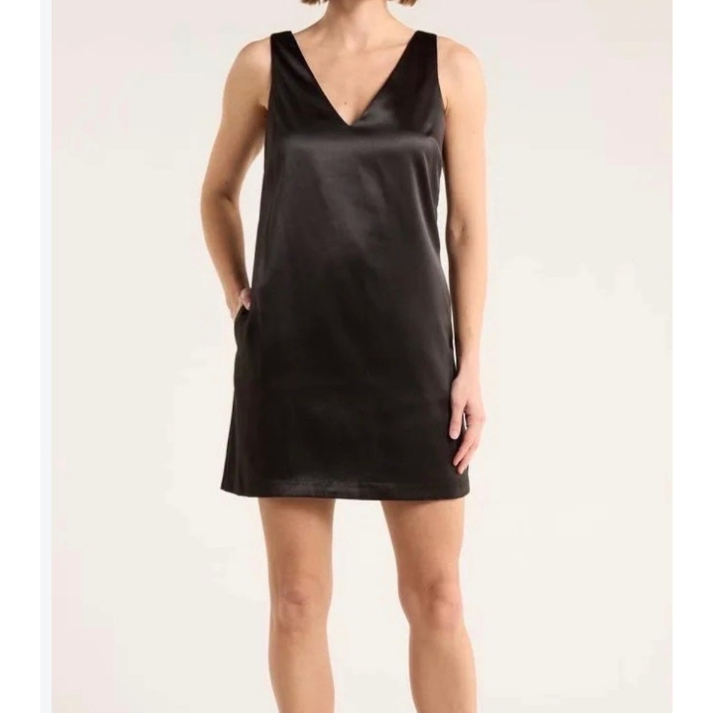 WAYF Black Satin V-Neck Mini Dress with Back Bow Detail Small NWT